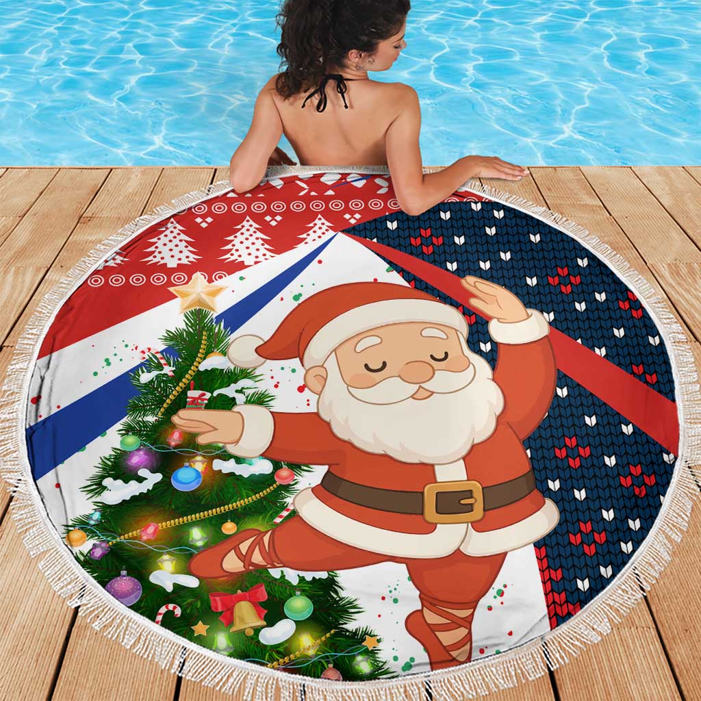 Russia Christmas Beach Blanket with Dancing Santa Christmas Tree Lights and Red Snowflake - Wonder Print Shop