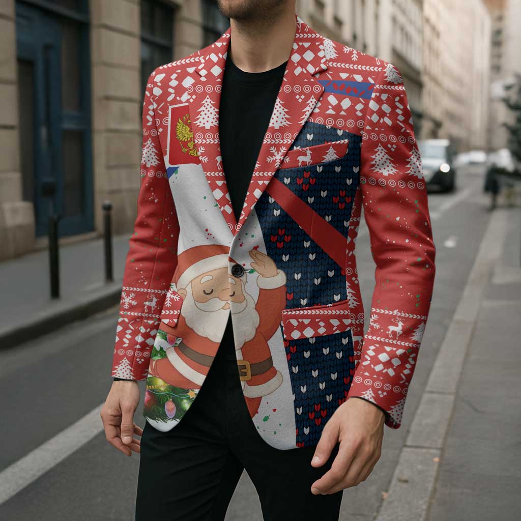 Russia Christmas Blazer with Dancing Santa Christmas Tree Lights and Red Snowflake - Wonder Print Shop