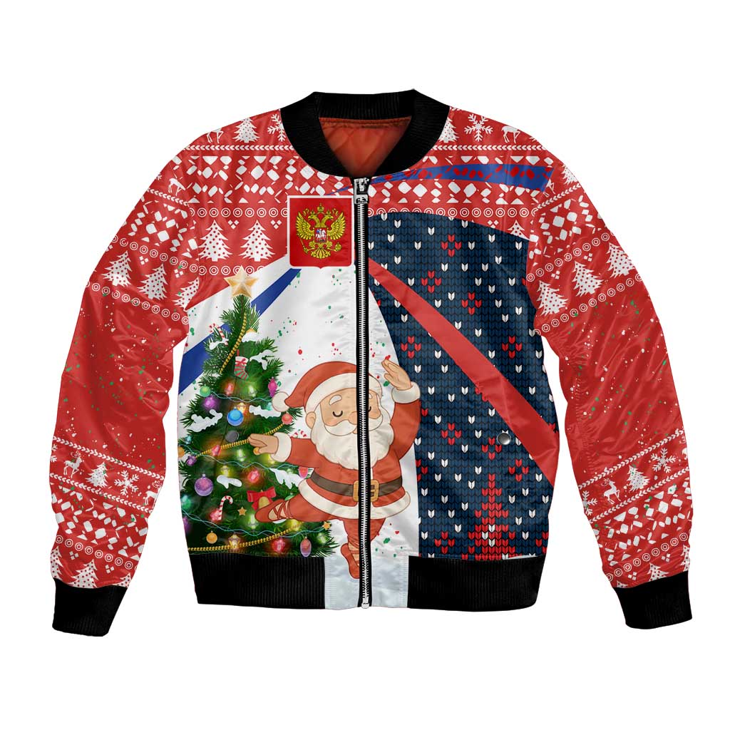 Russia Christmas Bomber Jacket with Dancing Santa Christmas Tree Lights and Red Snowflake - Wonder Print Shop