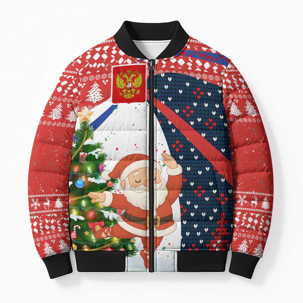 Russia Christmas Bomber Puffer Jacket with Dancing Santa Christmas Tree Lights and Red Snowflake - Wonder Print Shop