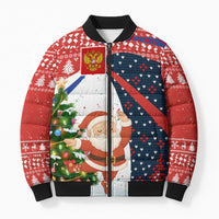 Russia Christmas Bomber Puffer Jacket with Dancing Santa Christmas Tree Lights and Red Snowflake - Wonder Print Shop