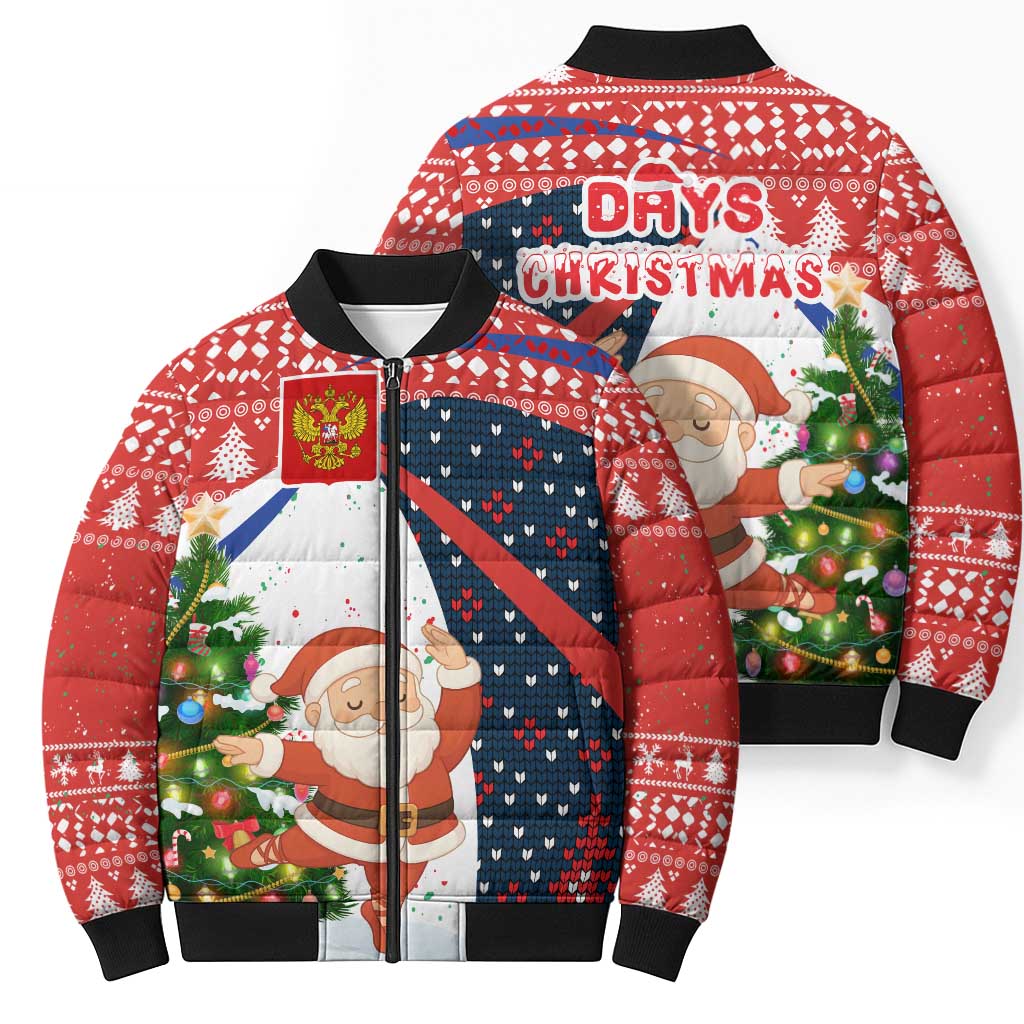 Russia Christmas Bomber Puffer Jacket with Dancing Santa Christmas Tree Lights and Red Snowflake - Wonder Print Shop