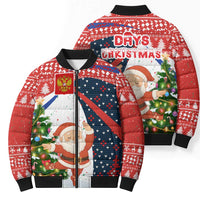 Russia Christmas Bomber Puffer Jacket with Dancing Santa Christmas Tree Lights and Red Snowflake - Wonder Print Shop
