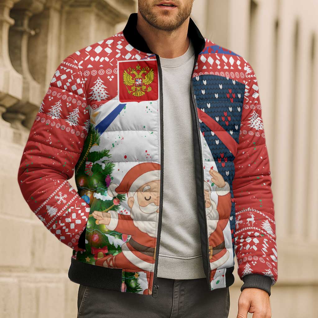 Russia Christmas Bomber Puffer Jacket with Dancing Santa Christmas Tree Lights and Red Snowflake - Wonder Print Shop