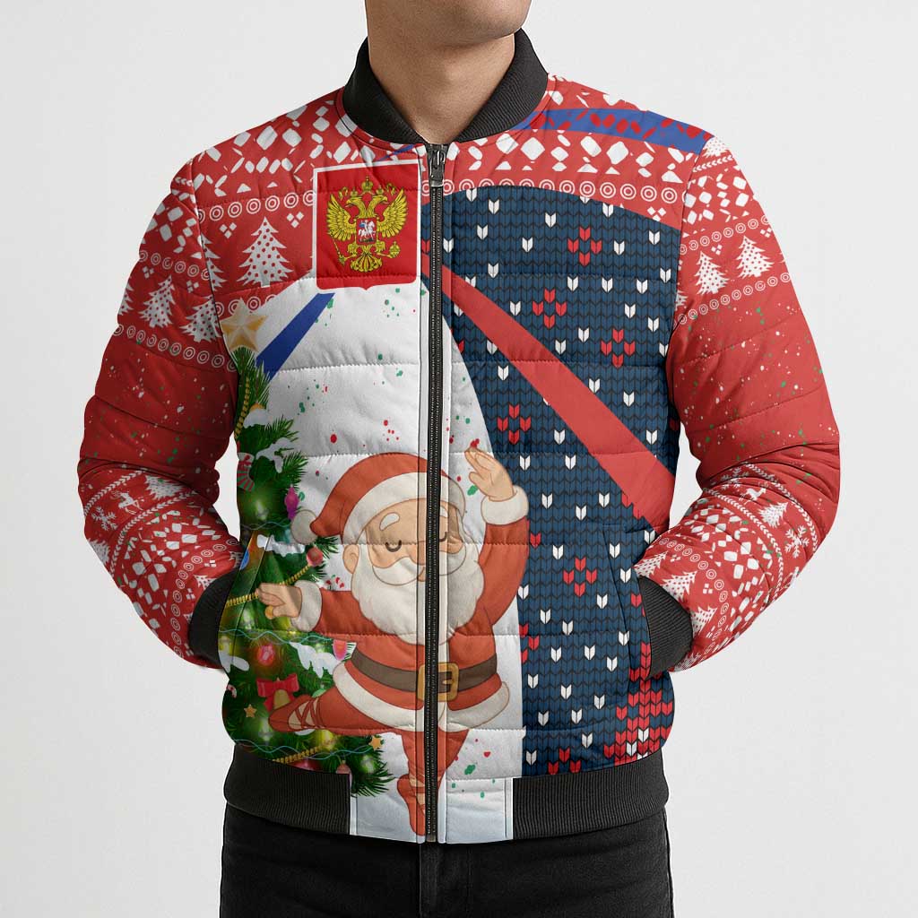Russia Christmas Bomber Puffer Jacket with Dancing Santa Christmas Tree Lights and Red Snowflake - Wonder Print Shop