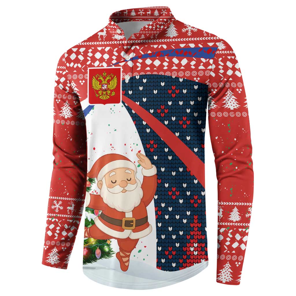 Russia Christmas Button Sweatshirt with Dancing Santa Christmas Tree Lights and Red Snowflake - Wonder Print Shop
