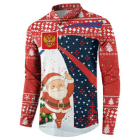Russia Christmas Button Sweatshirt with Dancing Santa Christmas Tree Lights and Red Snowflake - Wonder Print Shop