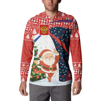 Russia Christmas Button Sweatshirt with Dancing Santa Christmas Tree Lights and Red Snowflake - Wonder Print Shop