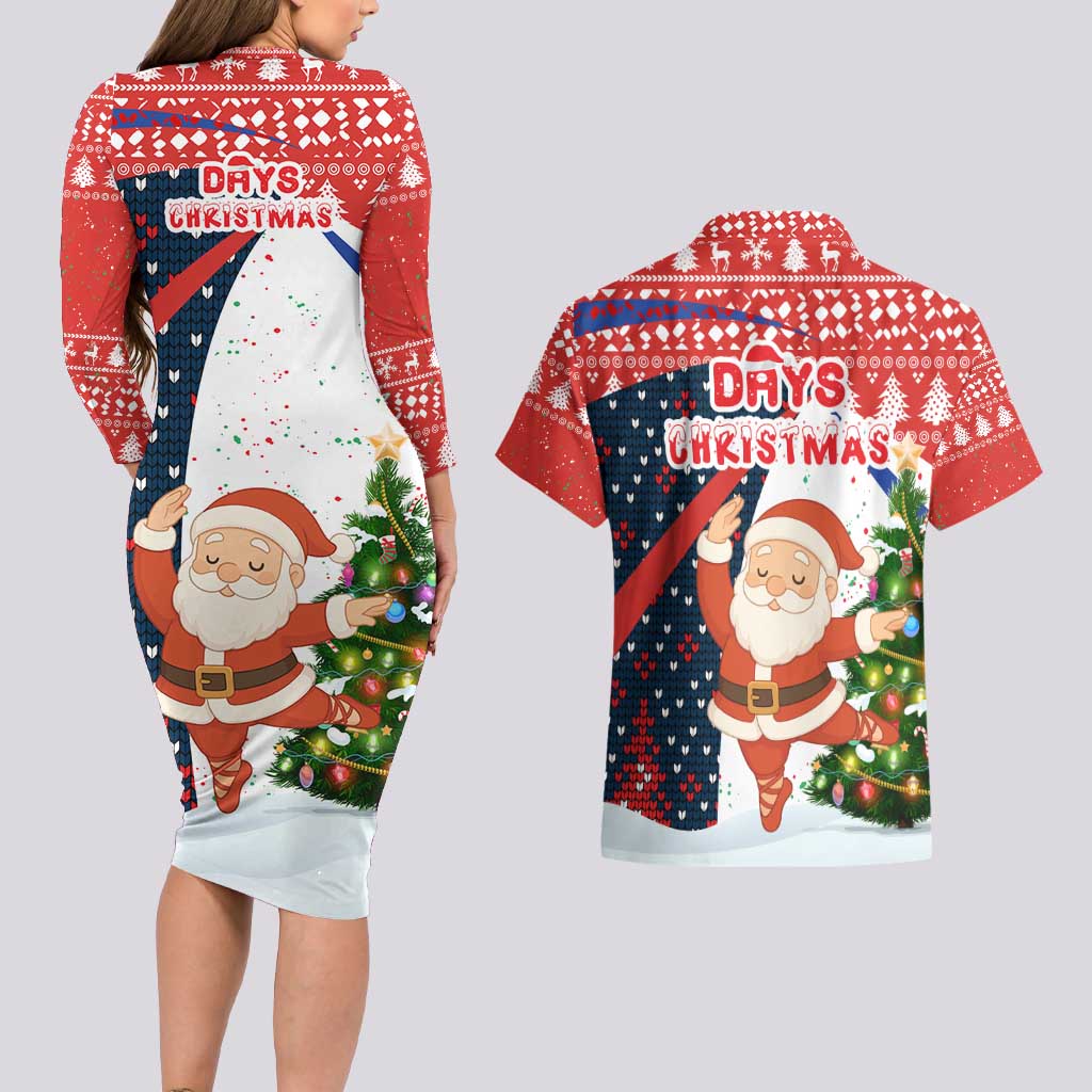 Russia Christmas Couples Matching Long Sleeve Bodycon Dress and Hawaiian Shirt with Dancing Santa Christmas Tree Lights and Red Snowflake - Wonder Print Shop