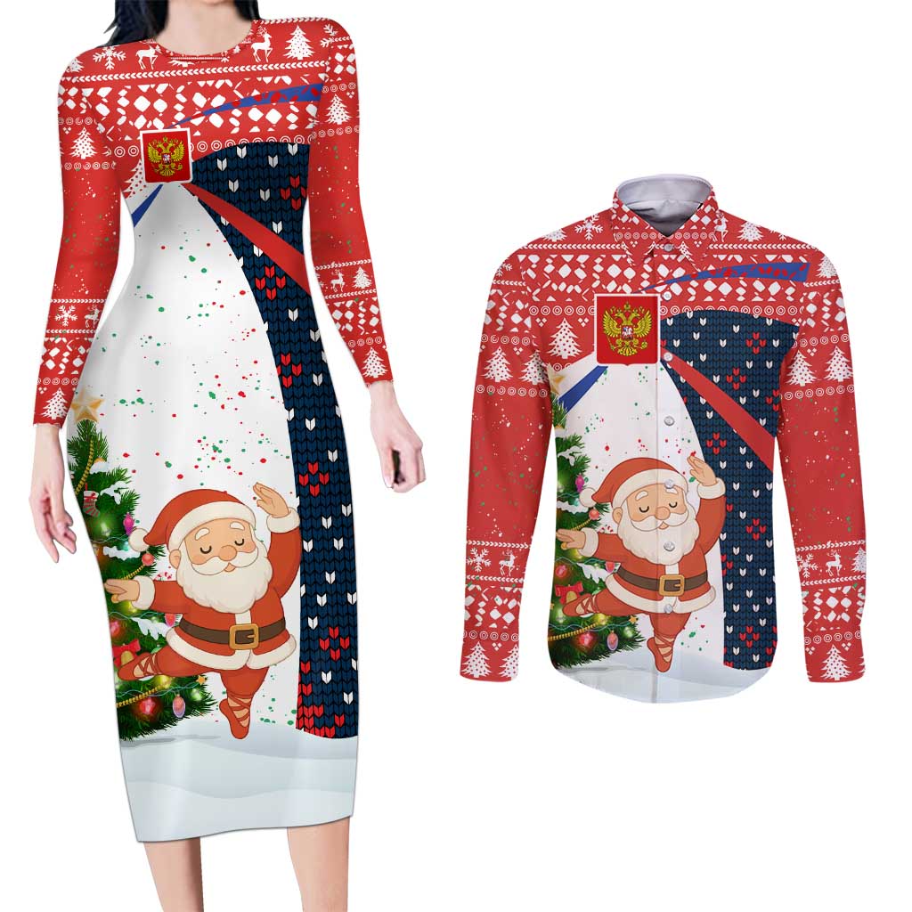Russia Christmas Couples Matching Long Sleeve Bodycon Dress and Long Sleeve Button Shirt with Dancing Santa Christmas Tree Lights and Red Snowflake - Wonder Print Shop