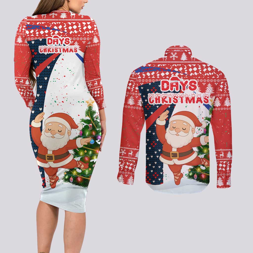 Russia Christmas Couples Matching Long Sleeve Bodycon Dress and Long Sleeve Button Shirt with Dancing Santa Christmas Tree Lights and Red Snowflake - Wonder Print Shop