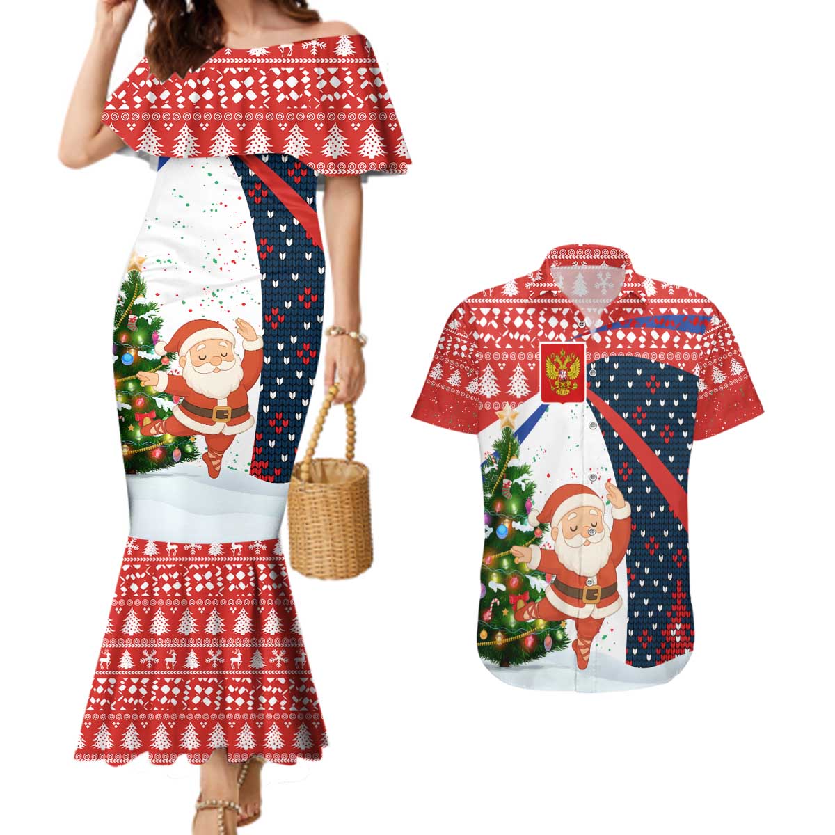 Russia Christmas Couples Matching Mermaid Dress and Hawaiian Shirt with Dancing Santa Christmas Tree Lights and Red Snowflake - Wonder Print Shop