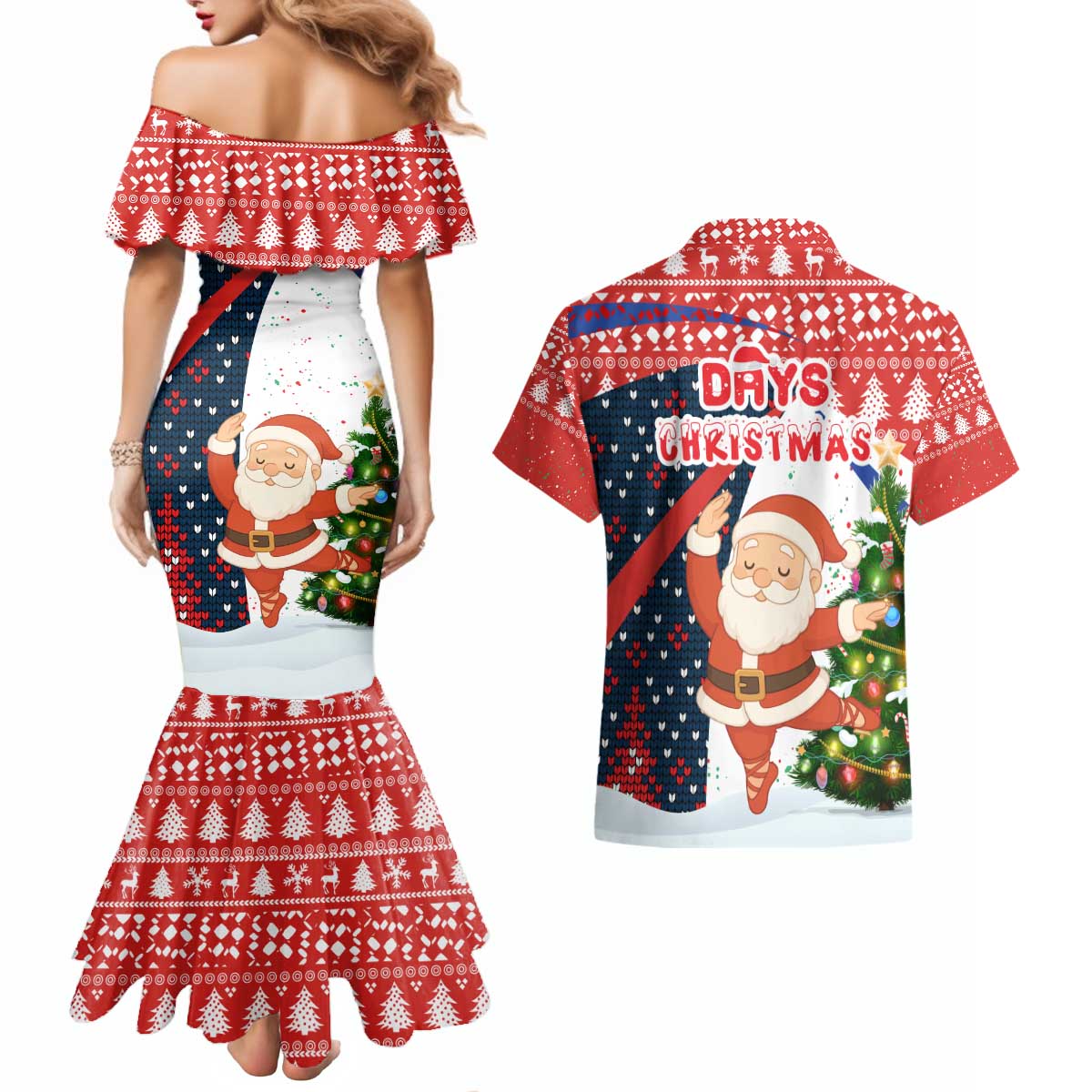 Russia Christmas Couples Matching Mermaid Dress and Hawaiian Shirt with Dancing Santa Christmas Tree Lights and Red Snowflake - Wonder Print Shop