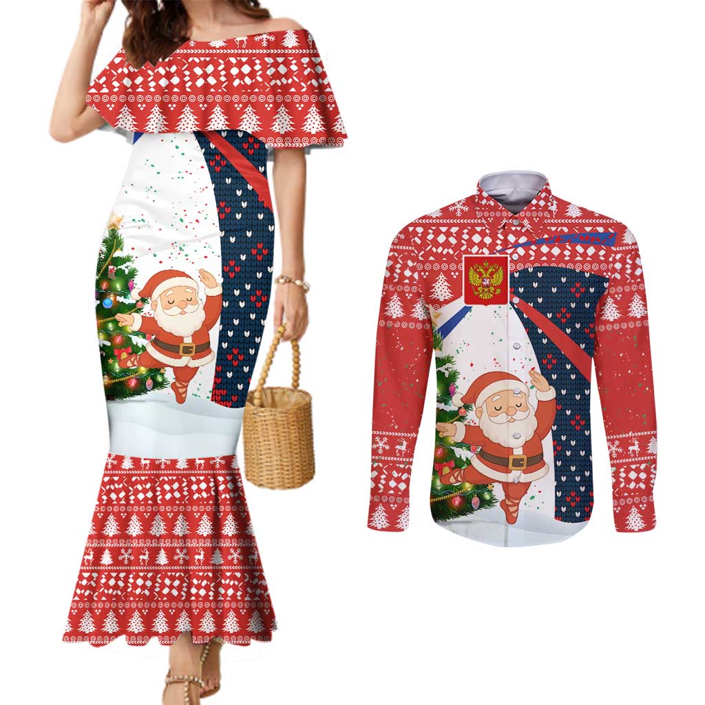 Russia Christmas Couples Matching Mermaid Dress and Long Sleeve Button Shirt with Dancing Santa Christmas Tree Lights and Red Snowflake - Wonder Print Shop