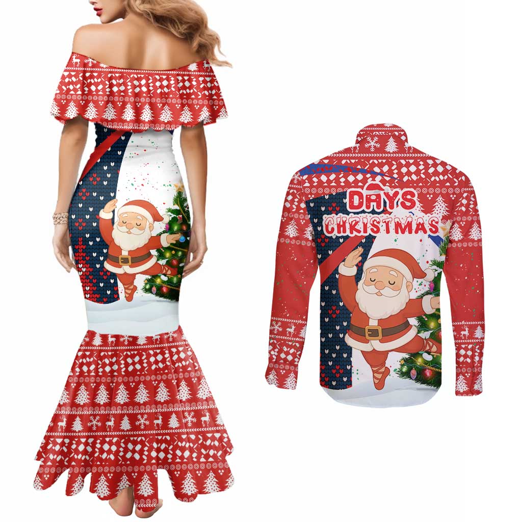 Russia Christmas Couples Matching Mermaid Dress and Long Sleeve Button Shirt with Dancing Santa Christmas Tree Lights and Red Snowflake - Wonder Print Shop