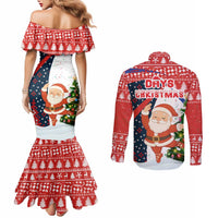 Russia Christmas Couples Matching Mermaid Dress and Long Sleeve Button Shirt with Dancing Santa Christmas Tree Lights and Red Snowflake - Wonder Print Shop