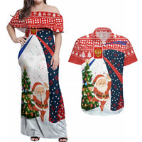 Russia Christmas Couples Matching Off Shoulder Maxi Dress and Hawaiian Shirt with Dancing Santa Christmas Tree Lights and Red Snowflake - Wonder Print Shop