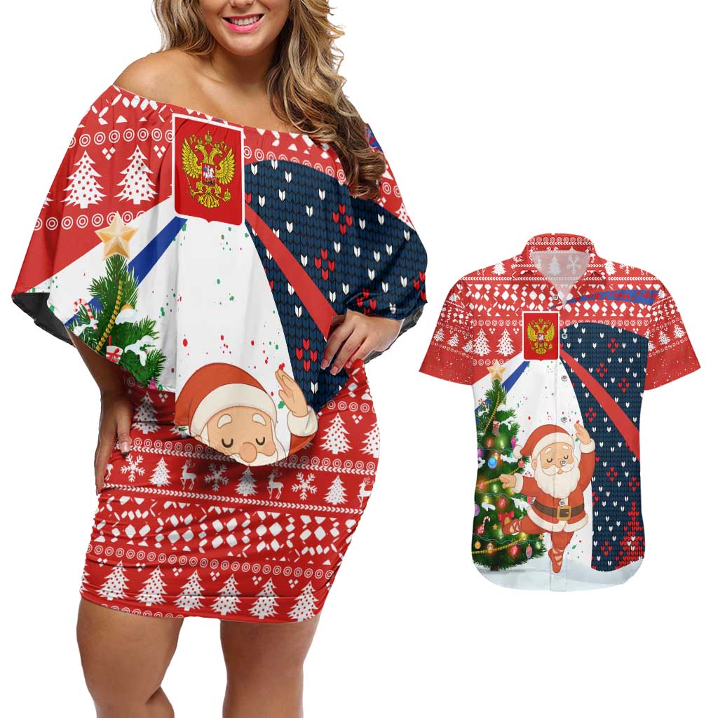 Russia Christmas Couples Matching Off Shoulder Short Dress and Hawaiian Shirt with Dancing Santa Christmas Tree Lights and Red Snowflake - Wonder Print Shop