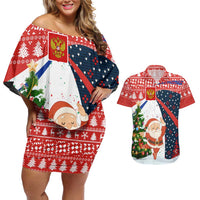 Russia Christmas Couples Matching Off Shoulder Short Dress and Hawaiian Shirt with Dancing Santa Christmas Tree Lights and Red Snowflake - Wonder Print Shop