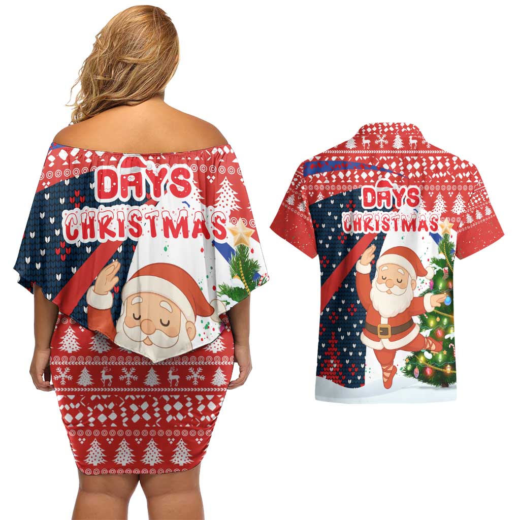 Russia Christmas Couples Matching Off Shoulder Short Dress and Hawaiian Shirt with Dancing Santa Christmas Tree Lights and Red Snowflake - Wonder Print Shop