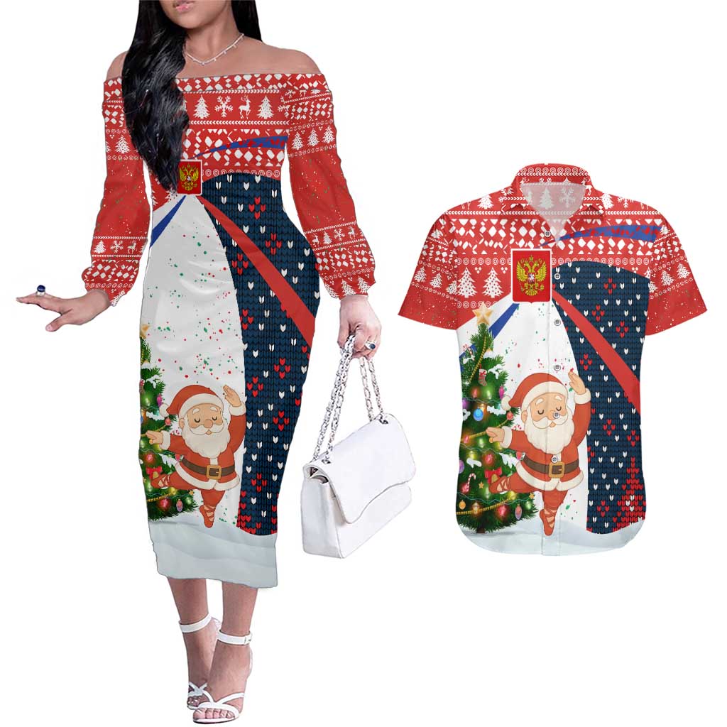 Russia Christmas Couples Matching Off The Shoulder Long Sleeve Dress and Hawaiian Shirt with Dancing Santa Christmas Tree Lights and Red Snowflake - Wonder Print Shop
