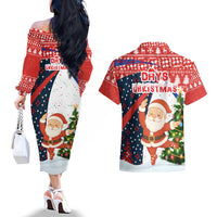 Russia Christmas Couples Matching Off The Shoulder Long Sleeve Dress and Hawaiian Shirt with Dancing Santa Christmas Tree Lights and Red Snowflake - Wonder Print Shop