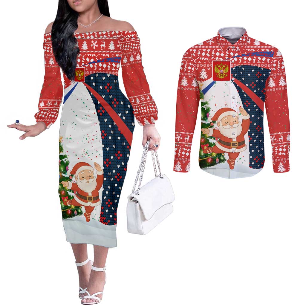 Russia Christmas Couples Matching Off The Shoulder Long Sleeve Dress and Long Sleeve Button Shirt with Dancing Santa Christmas Tree Lights and Red Snowflake - Wonder Print Shop