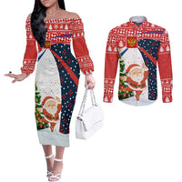 Russia Christmas Couples Matching Off The Shoulder Long Sleeve Dress and Long Sleeve Button Shirt with Dancing Santa Christmas Tree Lights and Red Snowflake - Wonder Print Shop