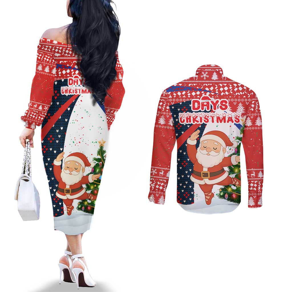 Russia Christmas Couples Matching Off The Shoulder Long Sleeve Dress and Long Sleeve Button Shirt with Dancing Santa Christmas Tree Lights and Red Snowflake - Wonder Print Shop