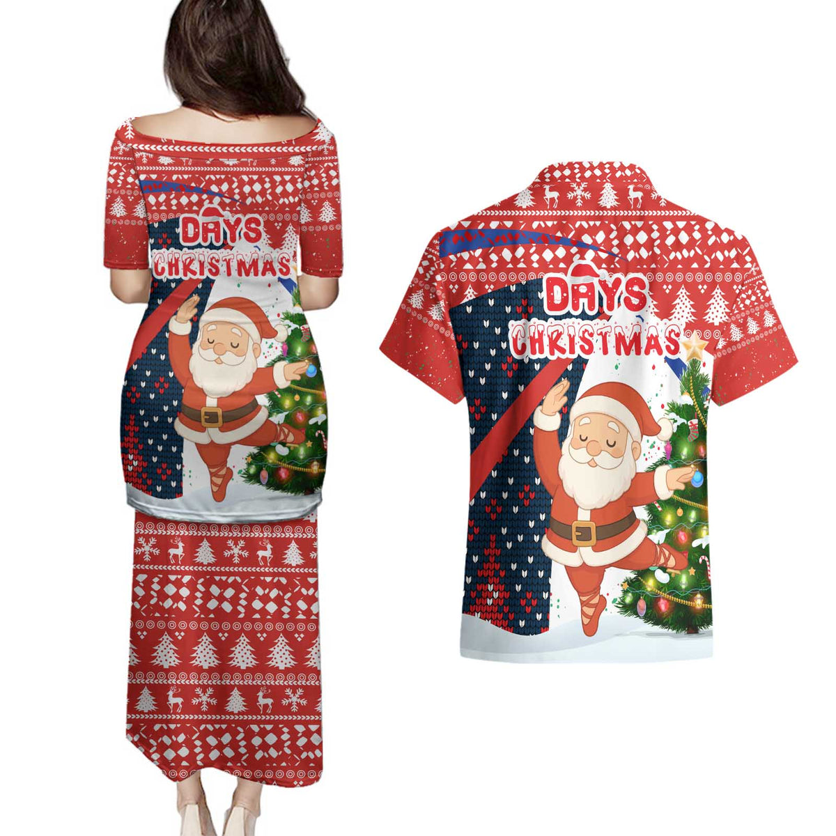 Russia Christmas Couples Matching Puletasi and Hawaiian Shirt with Dancing Santa Christmas Tree Lights and Red Snowflake - Wonder Print Shop