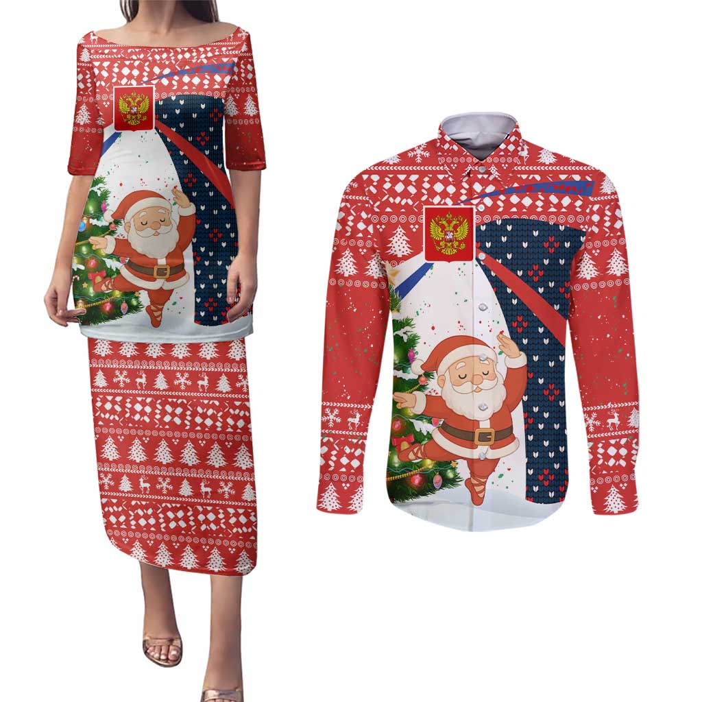 Russia Christmas Couples Matching Puletasi and Long Sleeve Button Shirt with Dancing Santa Christmas Tree Lights and Red Snowflake - Wonder Print Shop