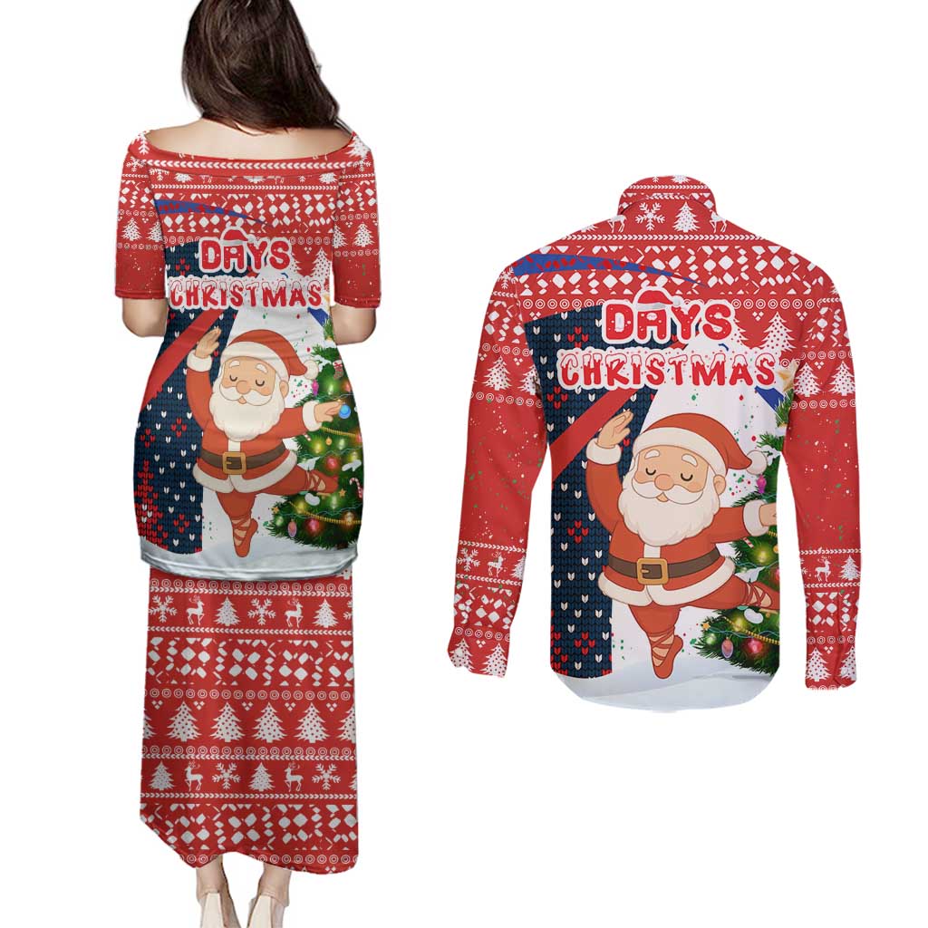 Russia Christmas Couples Matching Puletasi and Long Sleeve Button Shirt with Dancing Santa Christmas Tree Lights and Red Snowflake - Wonder Print Shop