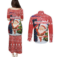 Russia Christmas Couples Matching Puletasi and Long Sleeve Button Shirt with Dancing Santa Christmas Tree Lights and Red Snowflake - Wonder Print Shop