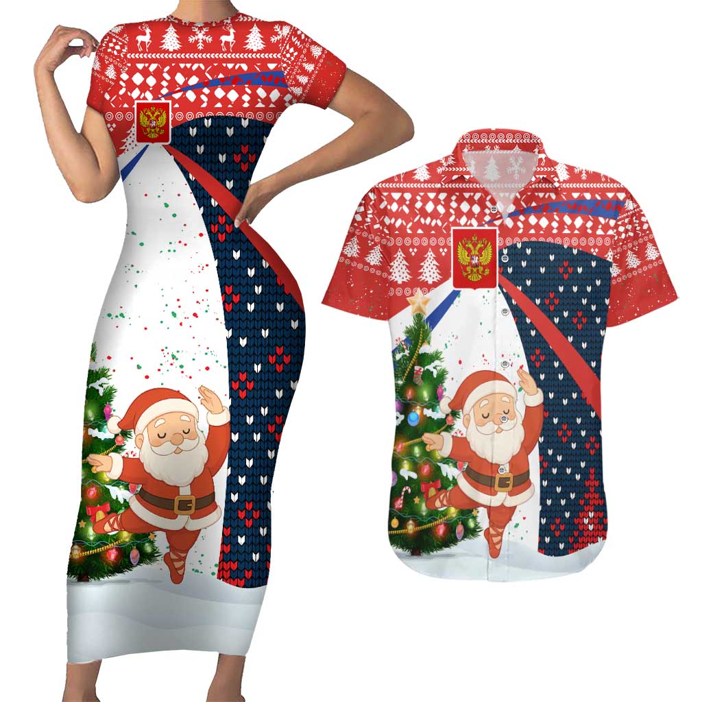 Russia Christmas Couples Matching Short Sleeve Bodycon Dress and Hawaiian Shirt with Dancing Santa Christmas Tree Lights and Red Snowflake - Wonder Print Shop