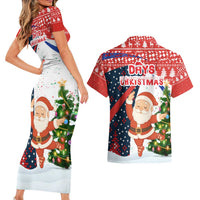 Russia Christmas Couples Matching Short Sleeve Bodycon Dress and Hawaiian Shirt with Dancing Santa Christmas Tree Lights and Red Snowflake - Wonder Print Shop