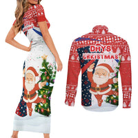 Russia Christmas Couples Matching Short Sleeve Bodycon Dress and Long Sleeve Button Shirt with Dancing Santa Christmas Tree Lights and Red Snowflake - Wonder Print Shop
