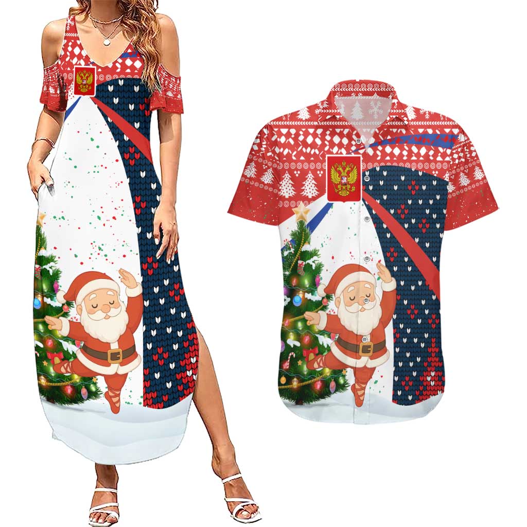 Russia Christmas Couples Matching Summer Maxi Dress and Hawaiian Shirt with Dancing Santa Christmas Tree Lights and Red Snowflake - Wonder Print Shop
