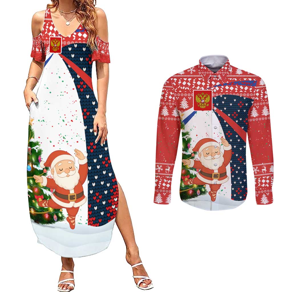 Russia Christmas Couples Matching Summer Maxi Dress and Long Sleeve Button Shirt with Dancing Santa Christmas Tree Lights and Red Snowflake - Wonder Print Shop