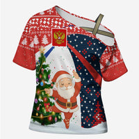 Russia Christmas Cross Shoulder Shirt with Dancing Santa Christmas Tree Lights and Red Snowflake - Wonder Print Shop