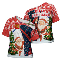 Russia Christmas Cross Shoulder Shirt with Dancing Santa Christmas Tree Lights and Red Snowflake - Wonder Print Shop