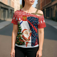 Russia Christmas Cross Shoulder Shirt with Dancing Santa Christmas Tree Lights and Red Snowflake - Wonder Print Shop