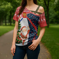 Russia Christmas Cross Shoulder Shirt with Dancing Santa Christmas Tree Lights and Red Snowflake - Wonder Print Shop