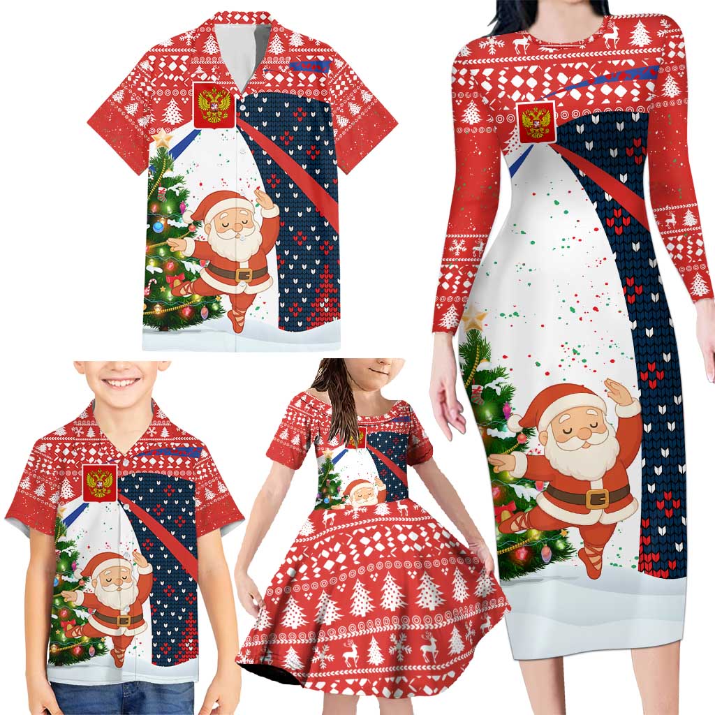 Russia Christmas Family Matching Long Sleeve Bodycon Dress and Hawaiian Shirt with Dancing Santa Christmas Tree Lights and Red Snowflake - Wonder Print Shop