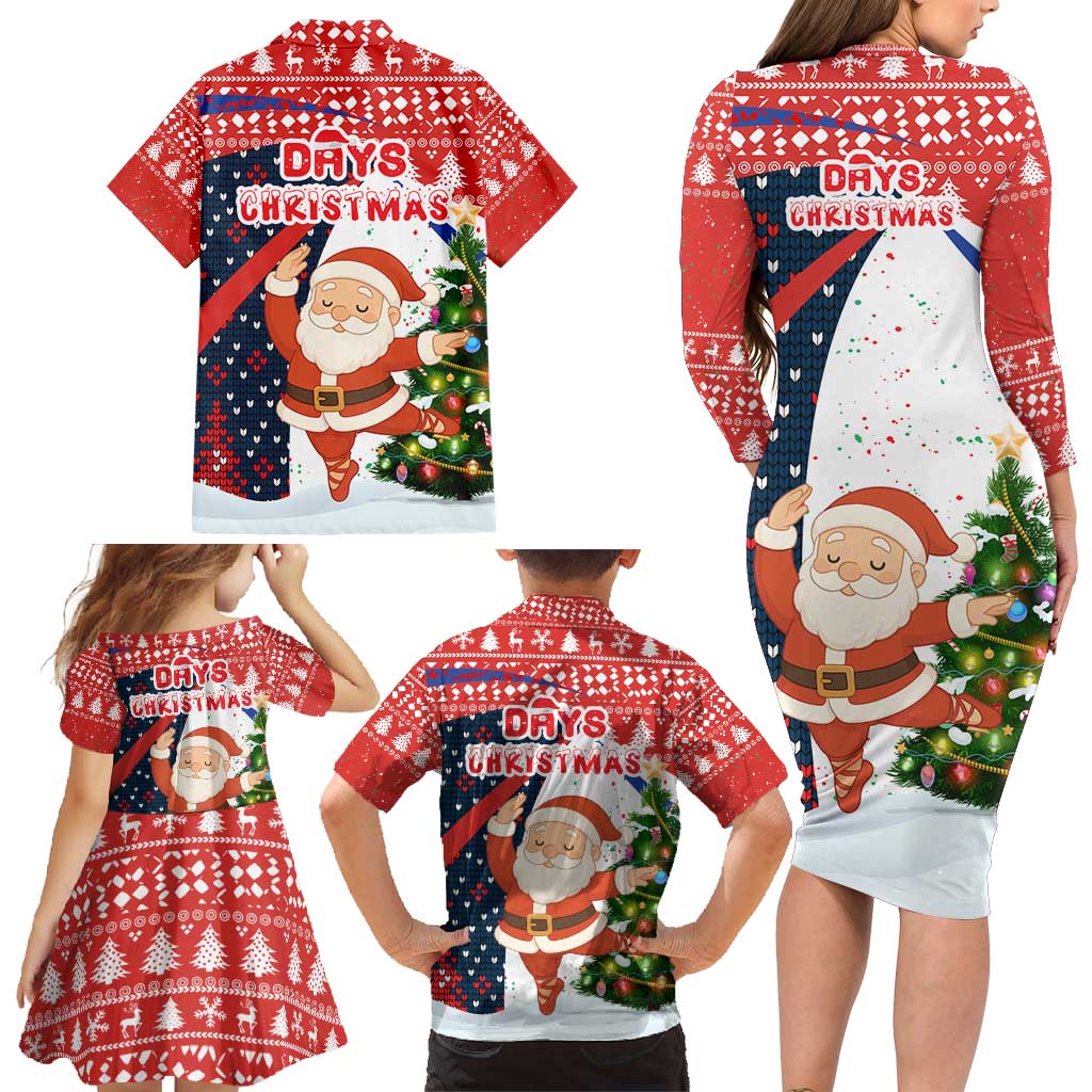 Russia Christmas Family Matching Long Sleeve Bodycon Dress and Hawaiian Shirt with Dancing Santa Christmas Tree Lights and Red Snowflake - Wonder Print Shop