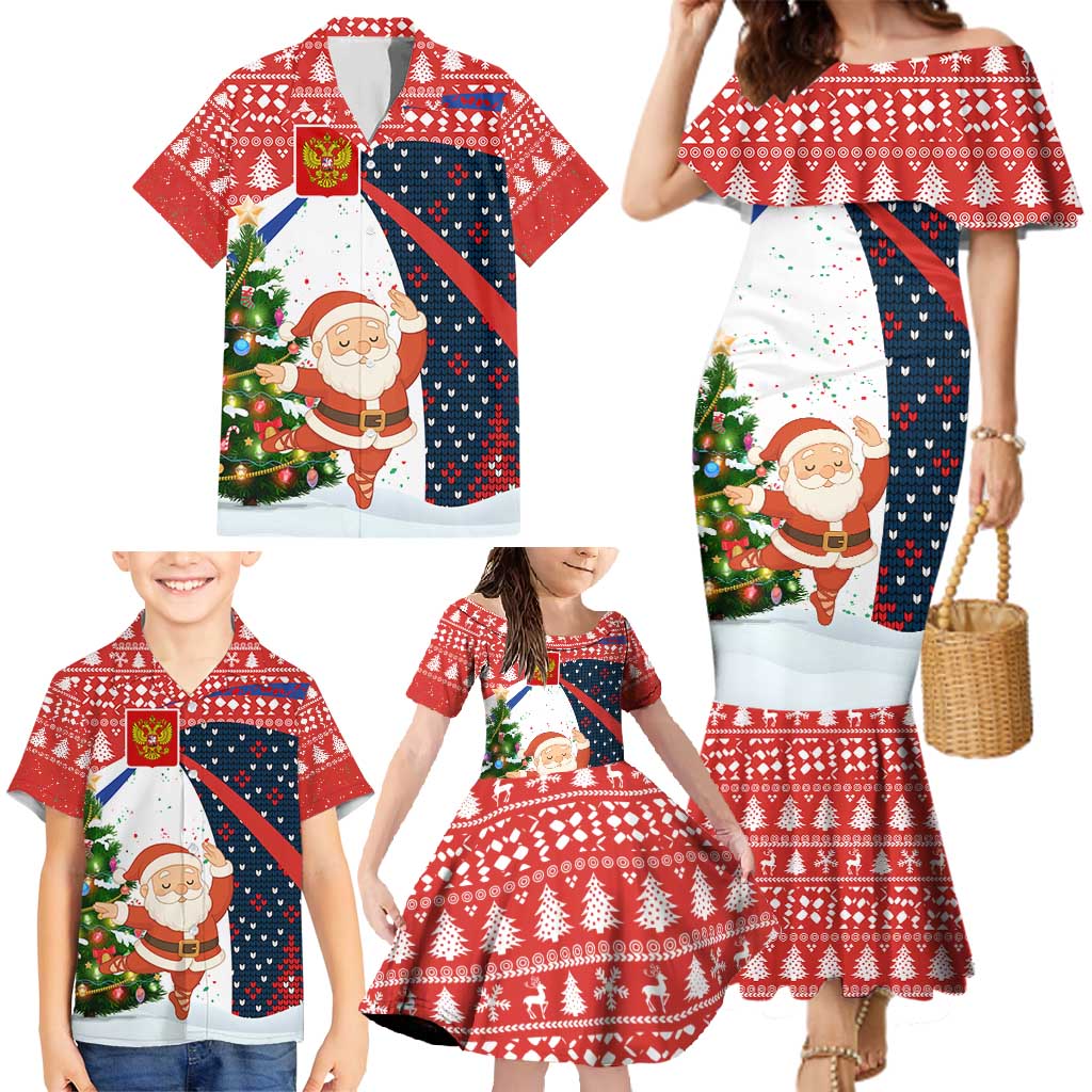 Russia Christmas Family Matching Mermaid Dress and Hawaiian Shirt with Dancing Santa Christmas Tree Lights and Red Snowflake - Wonder Print Shop