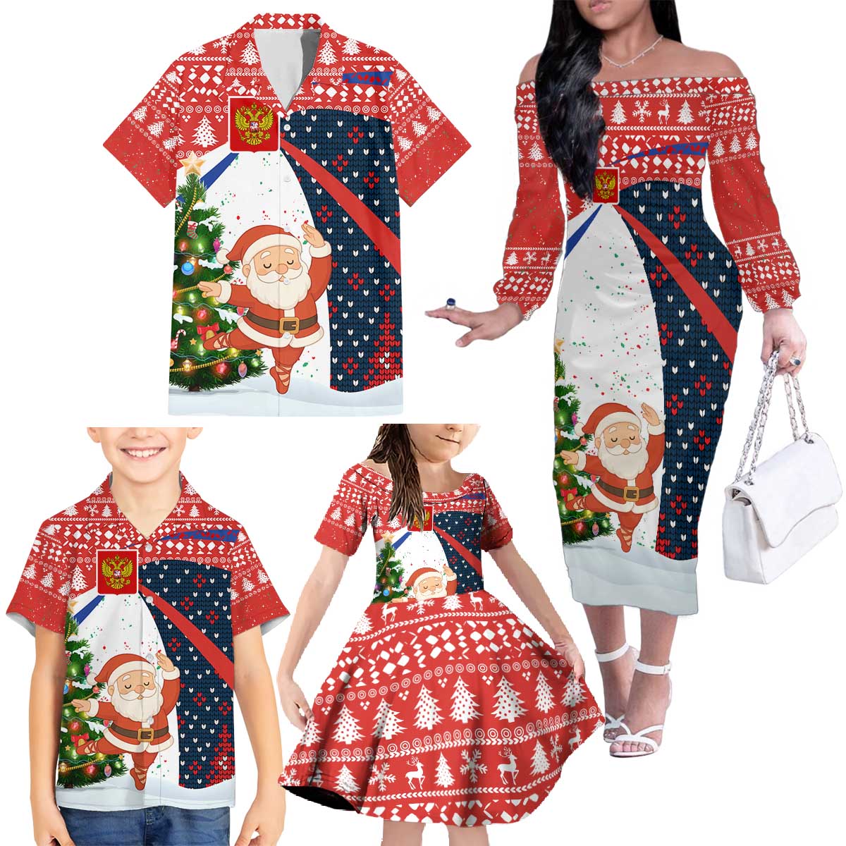 Russia Christmas Family Matching Off The Shoulder Long Sleeve Dress and Hawaiian Shirt with Dancing Santa Christmas Tree Lights and Red Snowflake - Wonder Print Shop