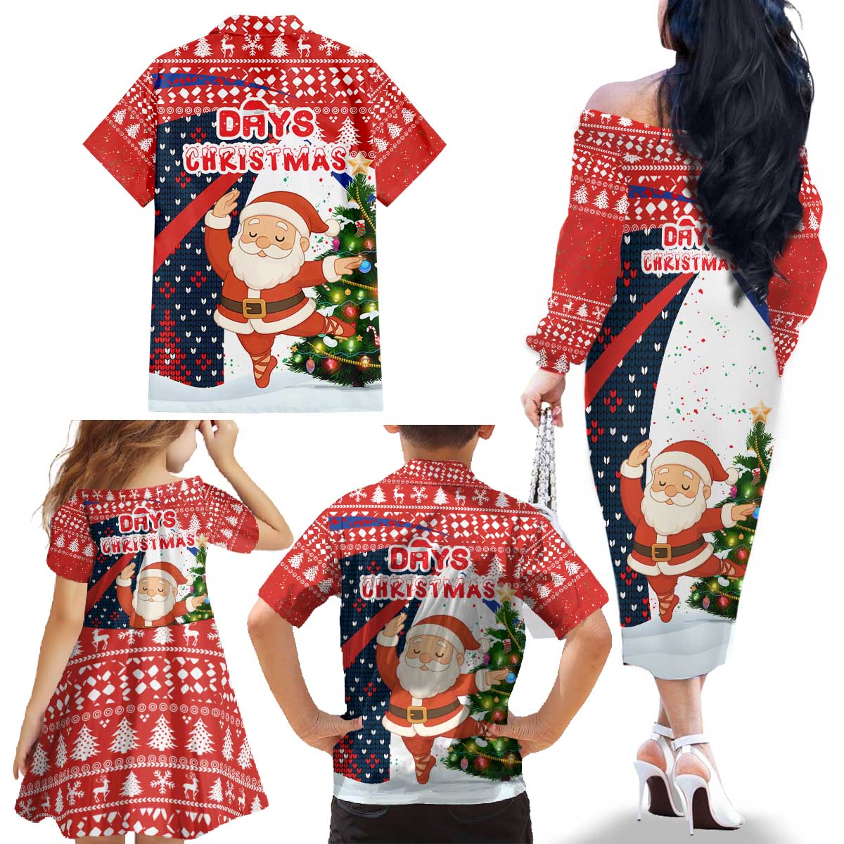 Russia Christmas Family Matching Off The Shoulder Long Sleeve Dress and Hawaiian Shirt with Dancing Santa Christmas Tree Lights and Red Snowflake - Wonder Print Shop