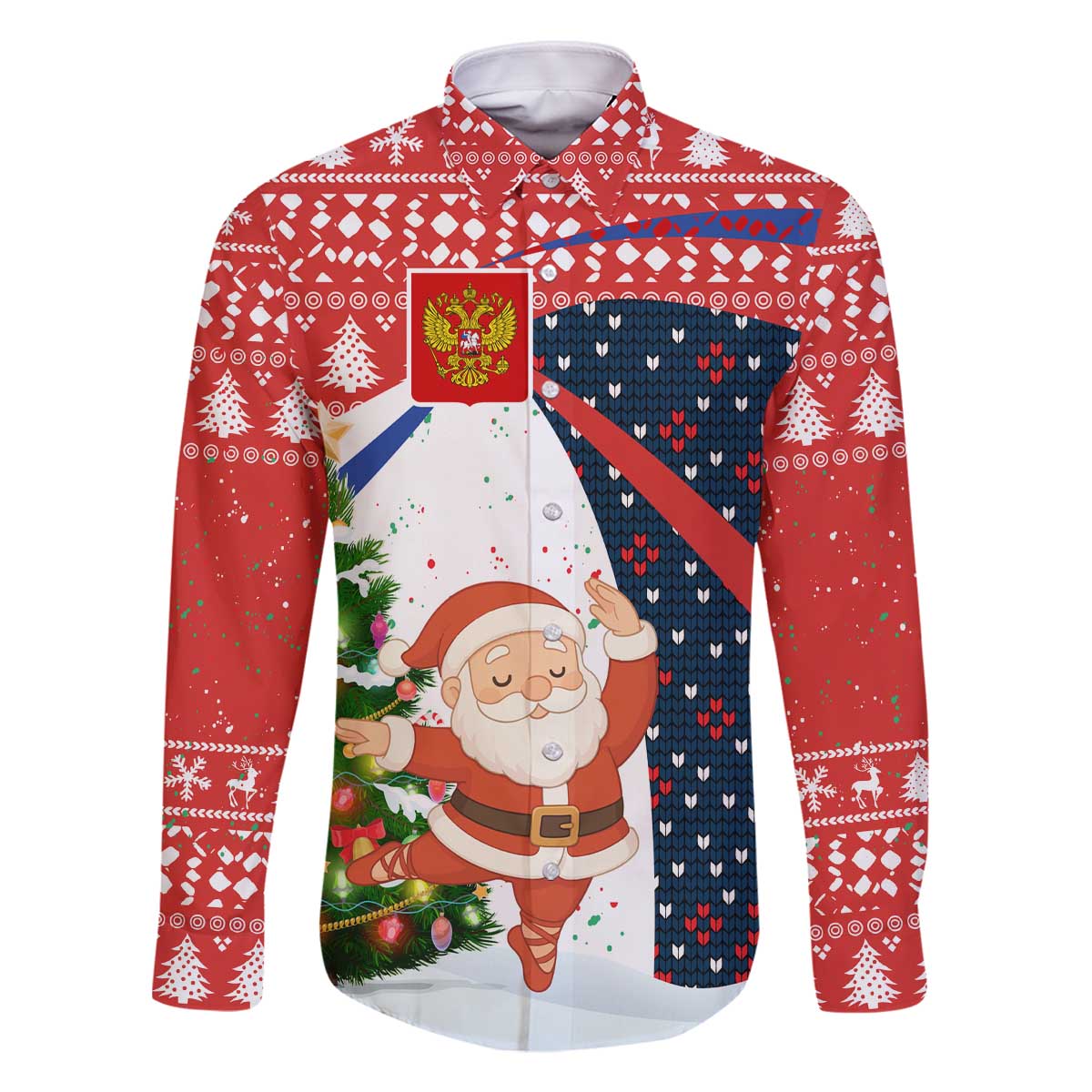 Russia Christmas Family Matching Off The Shoulder Long Sleeve Dress and Hawaiian Shirt with Dancing Santa Christmas Tree Lights and Red Snowflake - Wonder Print Shop
