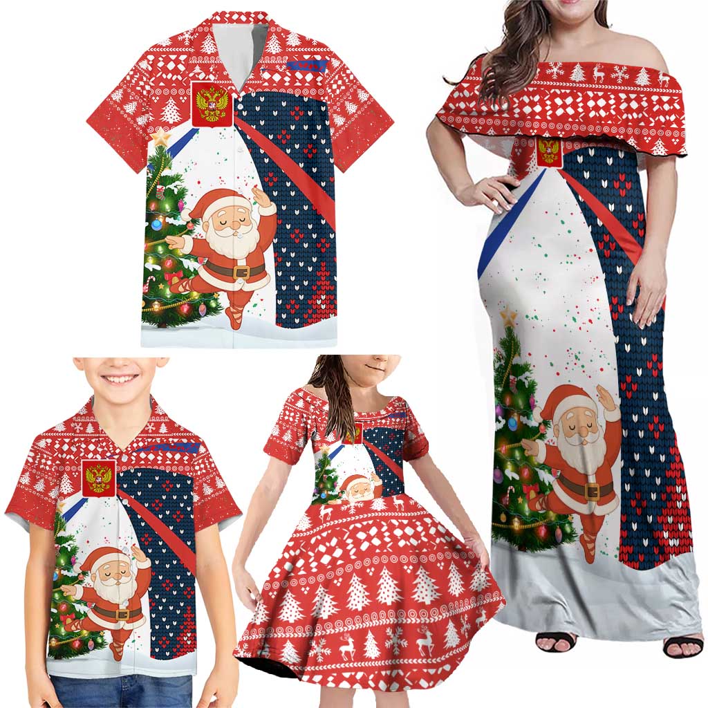 Russia Christmas Family Matching Off Shoulder Maxi Dress and Hawaiian Shirt with Dancing Santa Christmas Tree Lights and Red Snowflake - Wonder Print Shop