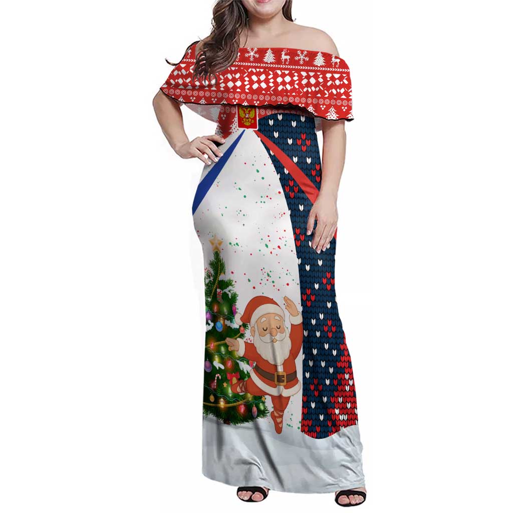 Russia Christmas Family Matching Off Shoulder Maxi Dress and Hawaiian Shirt with Dancing Santa Christmas Tree Lights and Red Snowflake - Wonder Print Shop